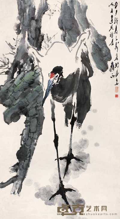 王子武 1984年作 松鹤延年 镜心 173×95cm